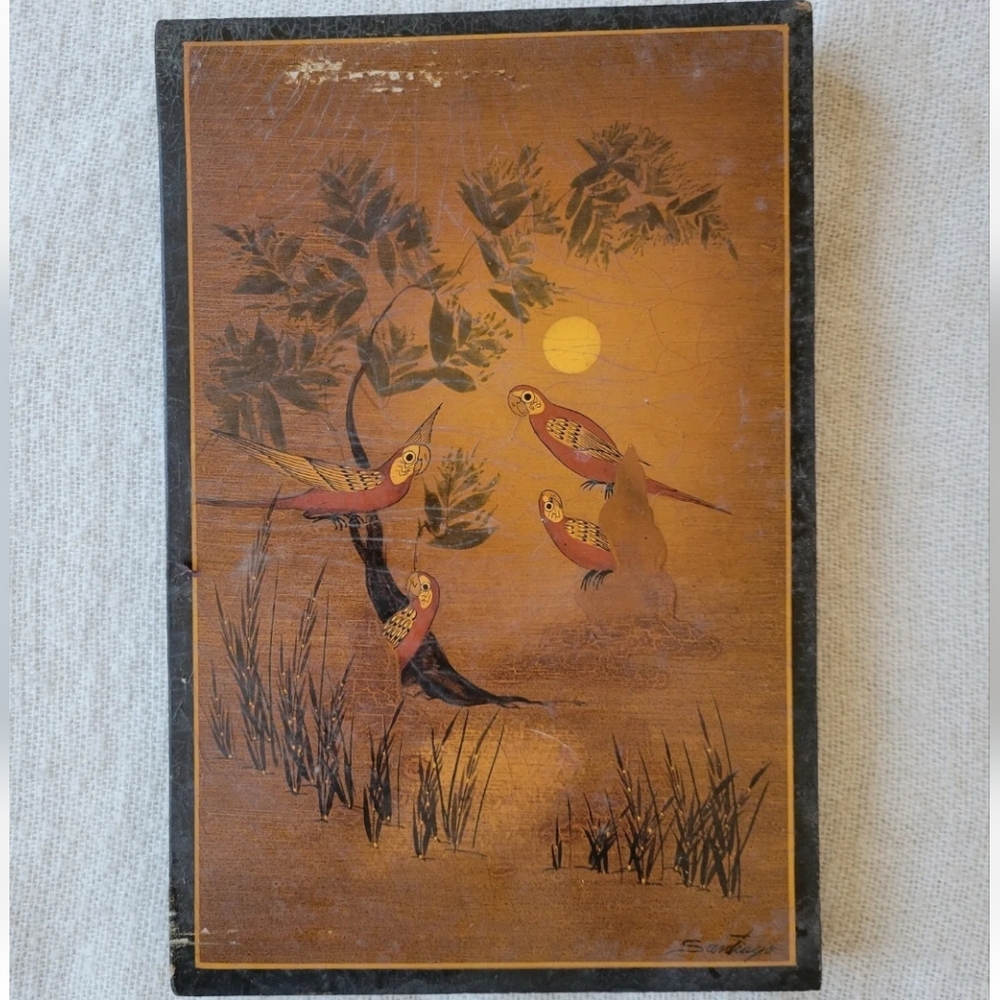 Vintage 60s / 70s SANTIAGO Art Painted Tropical Red Parrots At Sunset